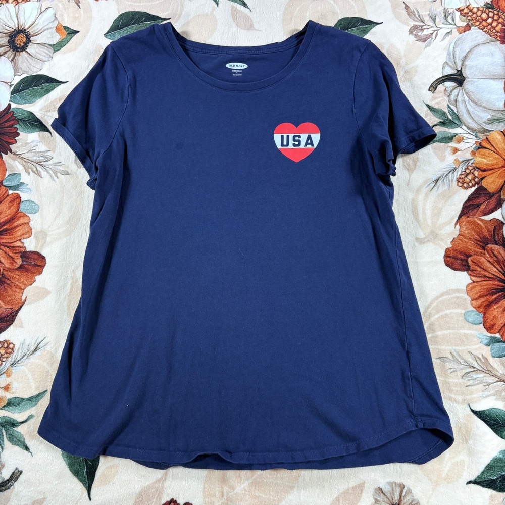 Old Navy Womens EveryWear Graphic Tee USA Heart Patriotic Cotton Navy Size Large